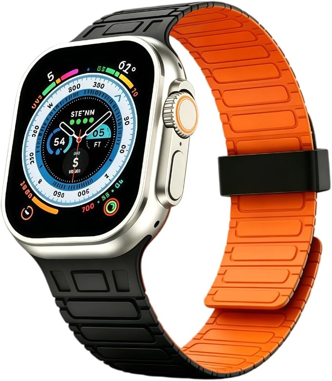 Magnetic Band Compatible with Apple Watch Ultra 3/2/1 Band for Men 49mm 46mm 45mm 44mm 42mm, Silicone Sport Waterproof Loop Strap Magnet Link for iWatch Series SE 11 10 9 8 7 6 5 4 3 2 1(BlackOrange)