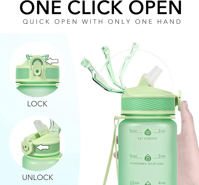 Hyeta Plastic Water Bottle With Straw & Time Marker, 32oz Leakproof Jug | Motivational Tritan BPA Free Gym Office Outdoor Intake Tracker Hourly Reminder Straw Lid Lightweight