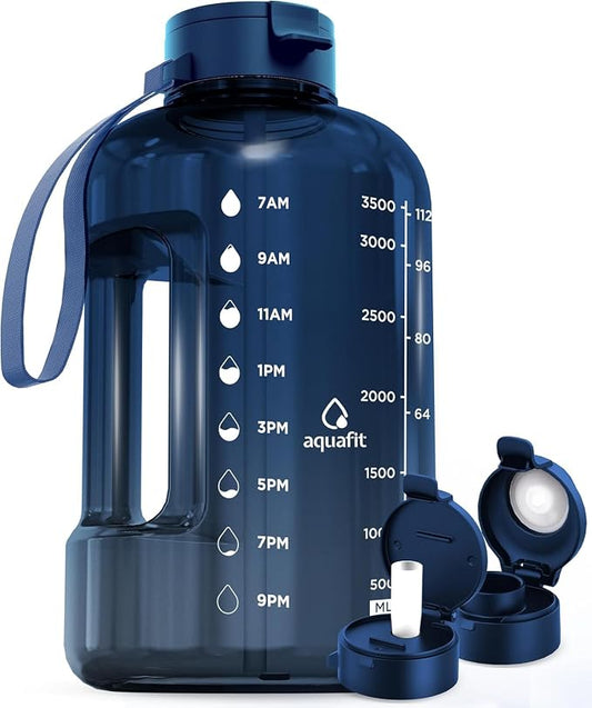 AQUAFIT 1 Gallon Water Bottle with Time Marker | BPA Free 128 oz Water Bottle with Straw and Chug Lids - Leakproof Gym Water Bottle with Carry Handle (Nebula)