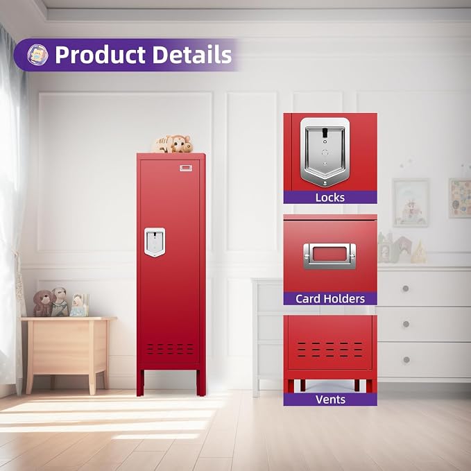 BUTISOW Metal Storage Locker with Lock & Card Slot Locker - Secure Lockable Door - Steel Locker for School, Office, Gym, Home - 54" H x 15" W x 15" D（1 Door, Red）
