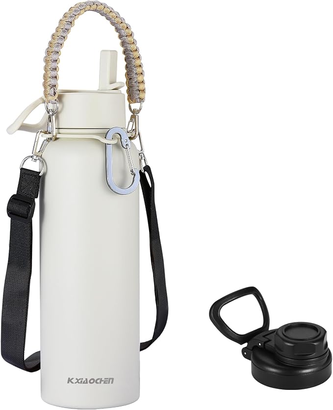 KXIAOCHEN Insulated Water Bottle with Strap, 48-Hour Cold, 2 Lids | Triple-wall insulation, lead-free 18/8 Stainless steel, paracord handle, carabiner clip, for gym, hiking, camping and travel