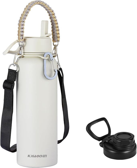 KXIAOCHEN Insulated Water Bottle with Strap, 48-Hour Cold, 2 Lids | Triple-wall insulation, lead-free 18/8 Stainless steel, paracord handle, carabiner clip, for gym, hiking, camping and travel