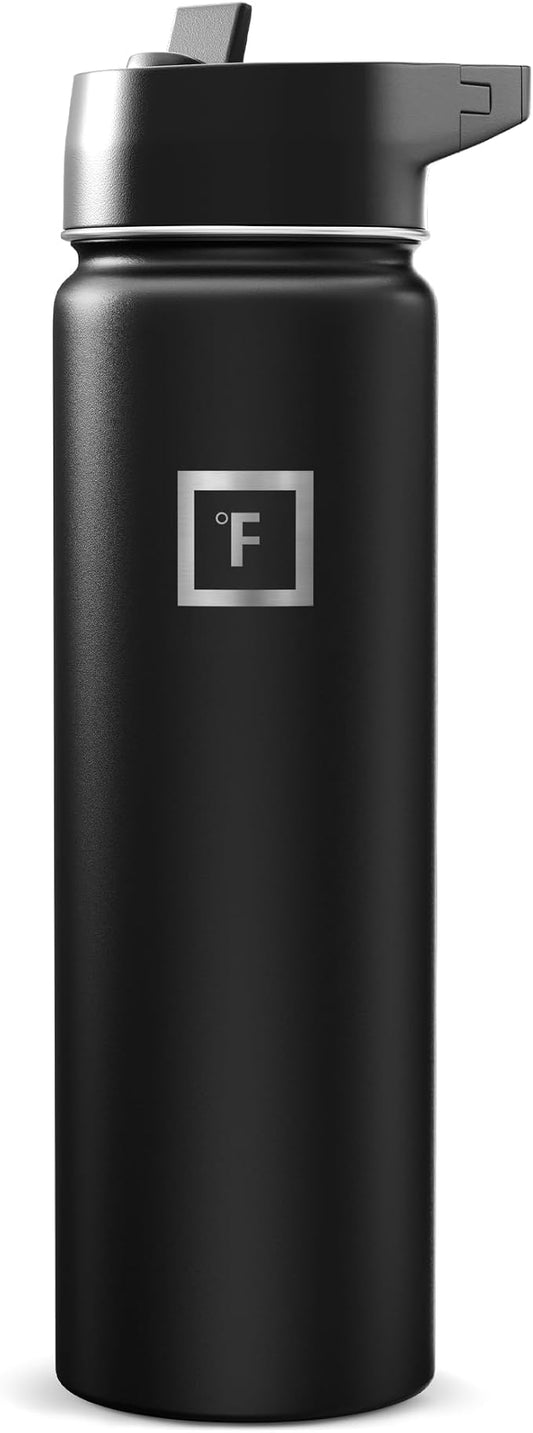 IRON °FLASK 24 oz Wide Mouth Water Bottle with Straw | Insulated Stainless Steel Sports Water Bottle with Leakproof Straw Lid - BPA Free, Cold 24 Hrs, Sweat Free (Midnight Black)