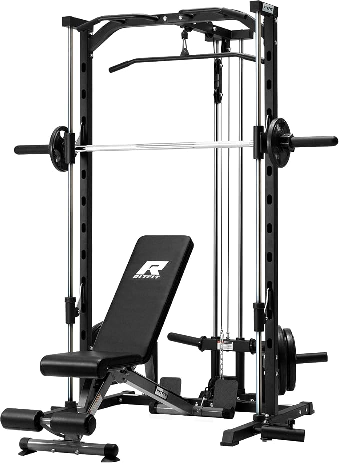 RitFit Smith Machine Power Rack with LAT-Pull Down System | Half Smith Machine with Landmine, Barbell Bar, Plate Storage Pegs and More Training Attachment