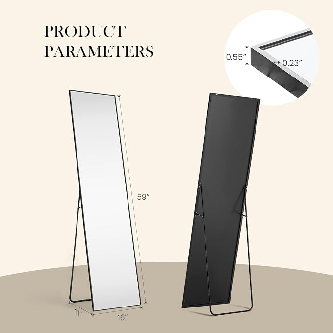 DUMOS 59"x16" Full Length Mirror, Full Body Mirror, Black | Aluminum Alloy Thin Frame, Leaning or Hanging, Suitable for Bedroom, Livingroom, Cloakroom