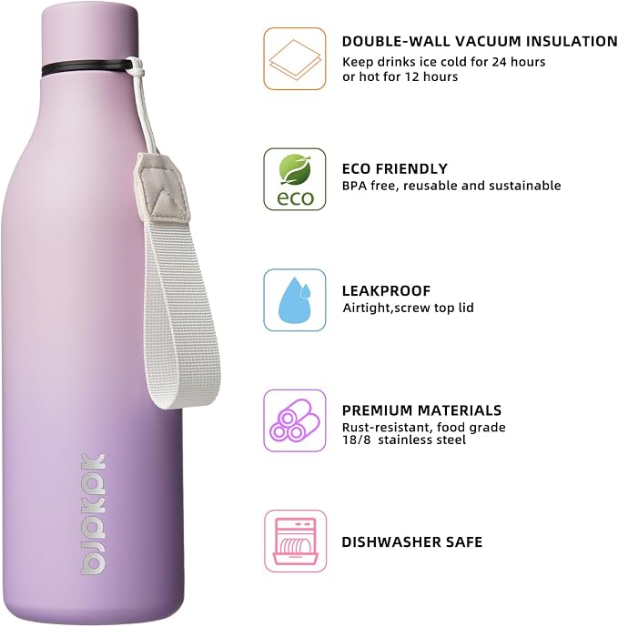 BJPKPK 25oz Insulated Water Bottle, Stainless Steel Bottle with Carry Strap | Keep Cold & Hot Vacuum Insulation, Leak-Proof BPA-Free Design, Slim Bottle Fits Most Cup Holders for Gym, Office & Travel