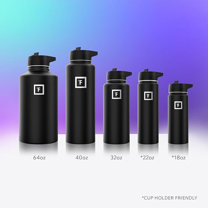 IRON °FLASK 32 oz Wide Mouth Water Bottle with 3 Lids | Insulated Stainless Steel Sports Water Bottle with 3 Leakproof Lids - BPA Free, Cold 24 Hrs, Sweat Free (Midnight Black)