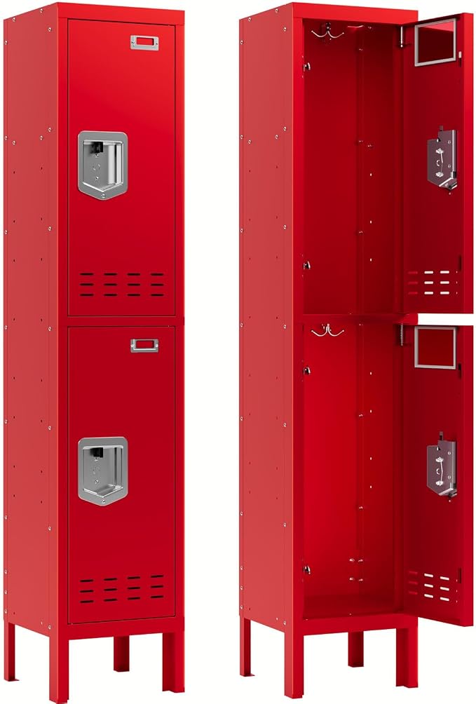 BUTISOW Metal Storage Locker with Lock & Card Slot Locker - Secure Lockable Door - Steel Locker for School, Office, Gym, Home - 66.15" H x 11.8" W x 11.8" D（2 Door, Red）
