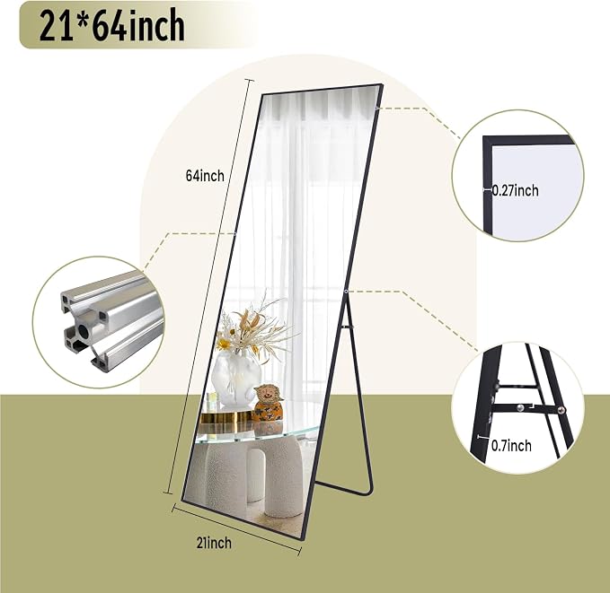 BEAUTYPEAK Full Length Mirror 64"x21" Floor Mirrors | Nano Glass, Standing Rectangle Mirrors Body Dressing Wall-Mounted for Living Room, Bedroom, Black