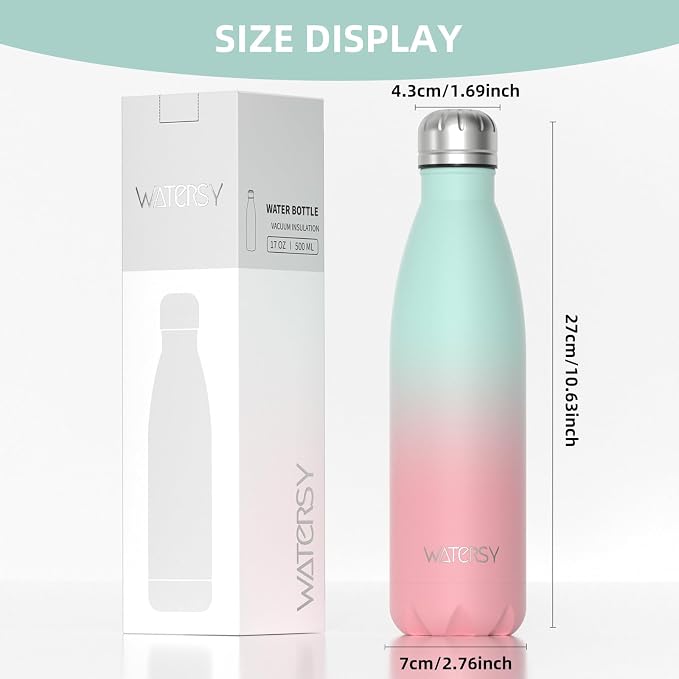 WATERSY Stainless Steel water bottles,17oz/500ml Insulated Water Bottle | Gradual Pink metal water bottle Keeps Drink Cold and Hot,BPA Free kids water bottles for School,Gym,Travel,Sports