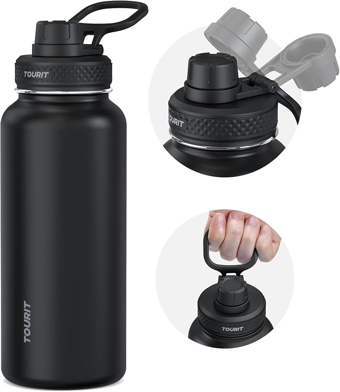 TOURIT 32 oz Insulated Stainless Steel Water Bottles, Black | Double-wall vacuum thermal flask with top handle, leakproof & BPA-free design for sports, gym, hiking & travel use