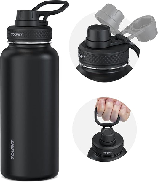 TOURIT 32 oz Insulated Stainless Steel Water Bottles, Black | Double-wall vacuum thermal flask with top handle, leakproof & BPA-free design for sports, gym, hiking & travel use
