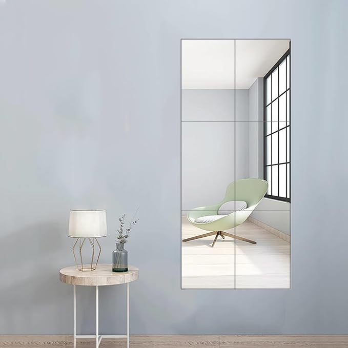 6PCS Wall Mirror Tiles, Upgrade Shatterproof Self-Adhesive Full Length Mirror for Bedroom, Bathroom, Home Gym - Frameless Acrylic Tiles for Home Decor 17.8'' x 12''