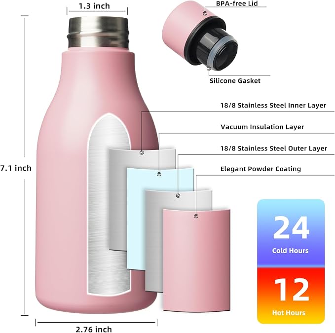 BJPKPK 12oz Insulated Water Bottle, Stainless Steel Bottle with Carry Strap | Keep Cold & Hot Vacuum Insulation, Leak-Proof BPA-Free Design, Slim Bottle Fits Most Cup Holders for Gym, Office & Travel