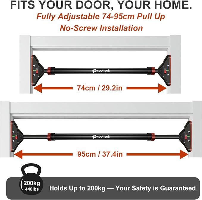 Adjustable Doorway Pull Up Bar No-Screw 440lbs | Fits 29.1-37.4in (74-95cm) door frames with 360° lock & foam pads + 2 spare pads. Home chin-up