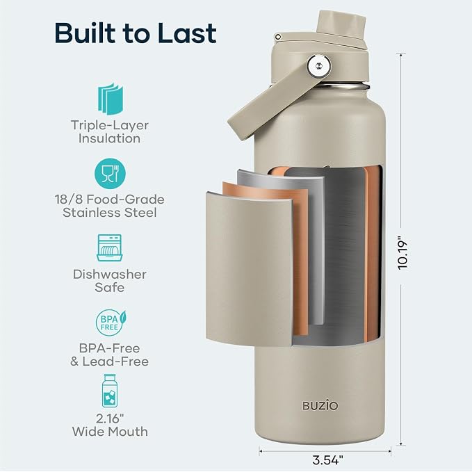 BUZIO Triple Wall Vacuum Water Bottle with Dust-proof Straw & Spout Lids | 40 oz Insulated Stainless Steel Water Flask (Cold for 48 Hrs/Hot for 24 Hrs), Dishwasher Safe, Leakproof, Non-BPA, for Hiking