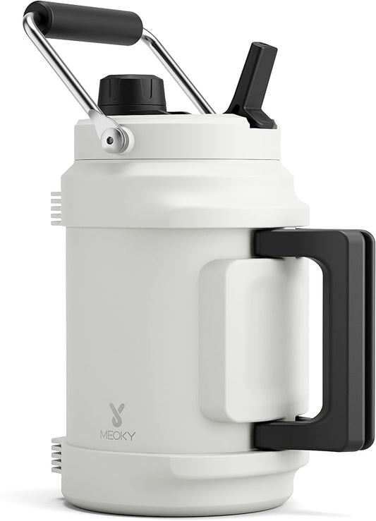 64 oz Insulated Water Bottle for Gym: Meoky Triple Wall Vacuum Stainless Steel Half Gallon Water Jug - Top and Side Handles, 2-in-1 Straw and Spout Lid, Cold for 36 Hrs, Leak Proof for Camping (Ivory)