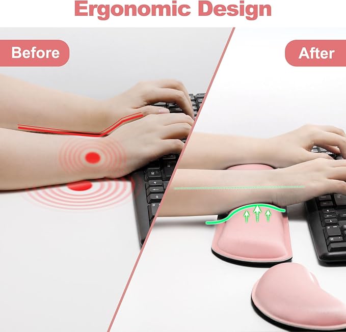 Gimars Upgrade Cleanable PU Leather Keyboard Wrist Pillow Rest Pad, Enlarge Mouse Wrist Cushion Support for Office, Computer, Laptop, Mac, Durable, Comfortable, Pain Relief, Pink