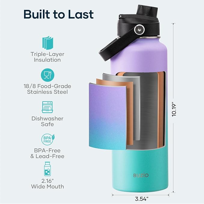 BUZIO Triple Wall Vacuum Water Bottle with Dust-proof Straw & Spout Lids | 40 oz Insulated Stainless Steel Water Flask (Cold for 48 Hrs/Hot for 24 Hrs), Dishwasher Safe, Leakproof, Non-BPA, for Hiking