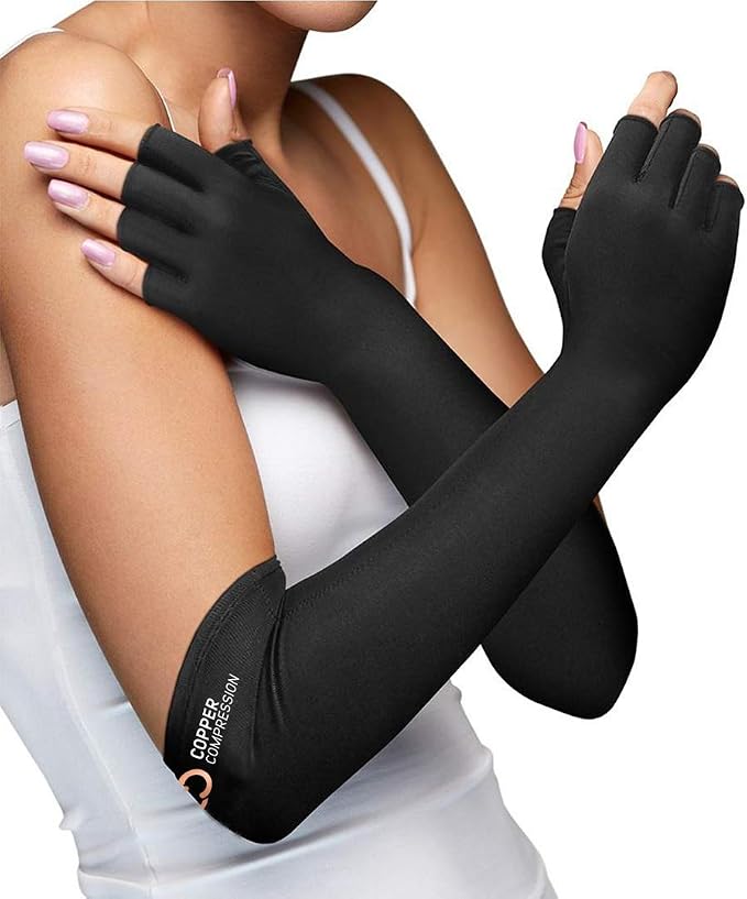 Copper Compression Long Arthritis Pain Relief Gloves - Copper Infused Orthopedic Fingerless Hand Brace for Women, Men - Carpal Tunnel, Computer Typing, RSI, Support Hands, Wrist, Arms - 1 Pair - L