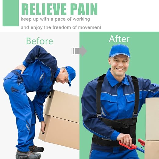 Work Back Brace - Back Support Belt for Lower Back Pain Relief, Heavy Lifting, Herniated Discs - Industrial Back Brace for Work With Shoulder Straps Fits Men and Women M/L(30"-37")