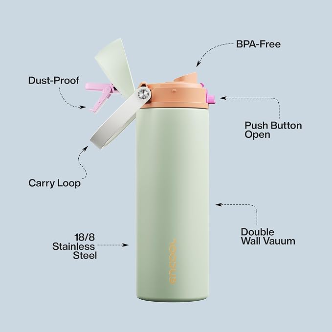 Insulated Water Bottle with Straw - Encool Stainless Steel Water Bottle with Push Button Lid, Leak-Proof & BPA-Free, Keeps Cold for 24 Hours for Sports, Travel, Gym (24 oz, Geyser Green)