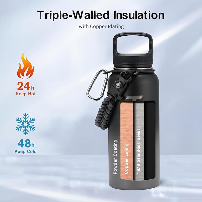 Trebo Insulated Water Bottle 32 oz with 3 Lids, Paracord Handle & Sleeve | Stainless Steel Metal Flask Vacuum, Triple Wall Copper Plated, Dishwasher Safe, Cold 48Hrs for Trail, Hiking, Wide Mouth