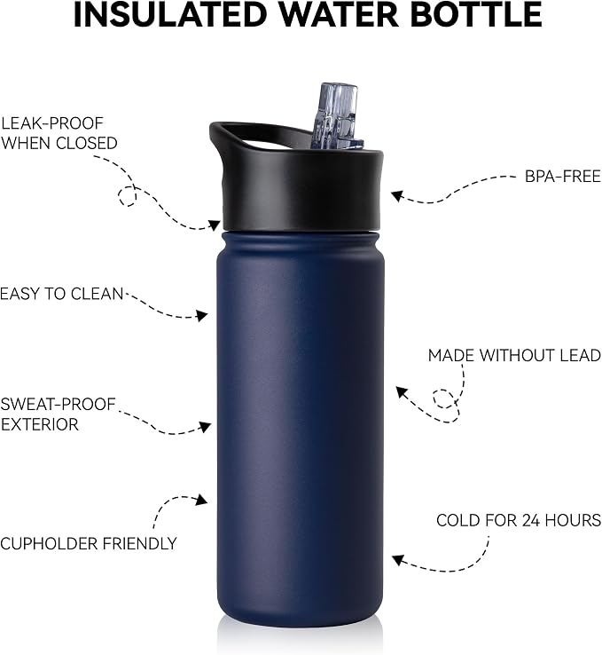 16 oz Insulated Water Bottle Bulk 8 Pack, Straw & Spout Lid, Keep Cold 24H, Spill Proof, BPA-Free, Double Wall, Stainless Steel Kids Water Bottles for School, Sports, Navy Blue