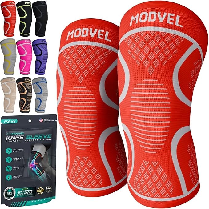 Modvel Compression Knee Brace for Women & Men - 2 Pack Knee Brace for Women Running Knee Pain, Knee Support Sleeve, Workout Sports Braces for Meniscus Tear ACL & Arthritis Pain Relief Orange XXX-Large