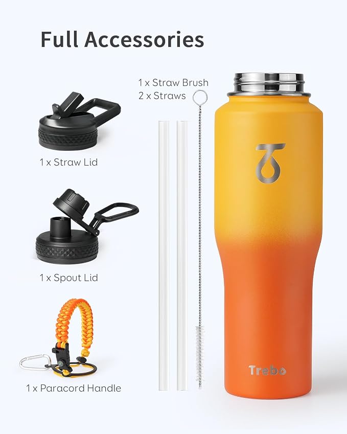 Trebo 32 oz Water Bottle Insulated Fits in Any Car Cup Holder with 2 Lids | Stainless Steel T-shape Tumbler with Paracord Handle, Triple Wall Vacuum Copper Plated, Cold 48 Hrs for Travel, Leakproof
