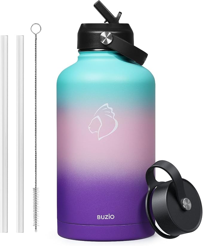 BUZIO 64 oz Insulated Stainless Steel Water Bottle with Dust-proof Lids | Half Gallon Water Jug (Dishwasher Safe), Cold for 48 Hrs, Triple Wall with Copper Plating, for Gym, Hiking, Camping, Black