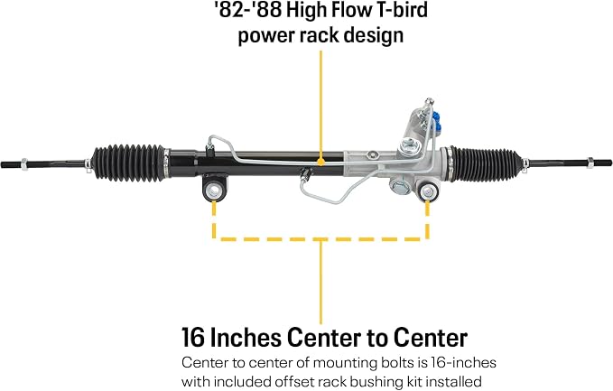 T-Bird Power Steering Rack & Pinion & Offset Bushings, For 82-88 Mustang II | All New Construction with Premium Internals, Includes Offset Bushings and AN6 Adapters, 2.5 Turn Lock to Lock Steering