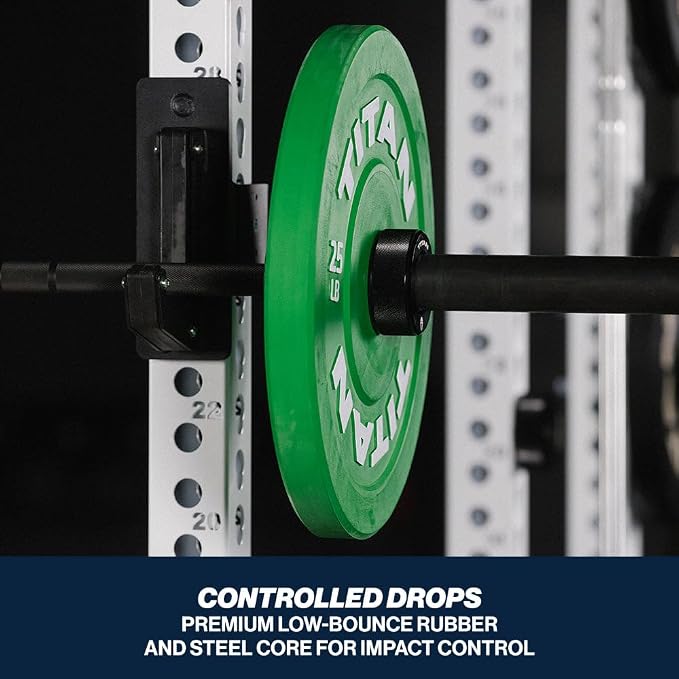 Titan Fitness Economy Olympic Bumper Plates, Color-Coded by IWF Standards, Low Bounce Rubber with Steel Insert, Weightlifting and Strength Training, Barbell Weight Set