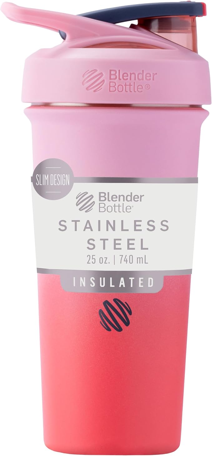 BlenderBottle Strada Sleek Shaker Cup Insulated Stainless Steel Water Bottle with Wire Whisk, 25-Ounce, Flamingo Ombre