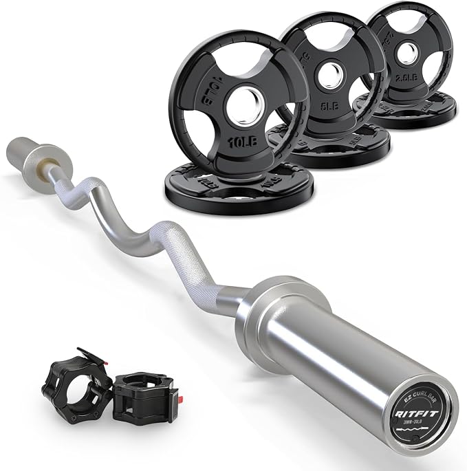 RitFit 2 Inch EZ Curl Bar Olympic Barbell with Weight Plates & Collar | 4FT EZ Curl Bar with 35LB Weight Plates, Collars for Bicep, Tricep Workout, Weightlifting, 350LBS Weight Capacity