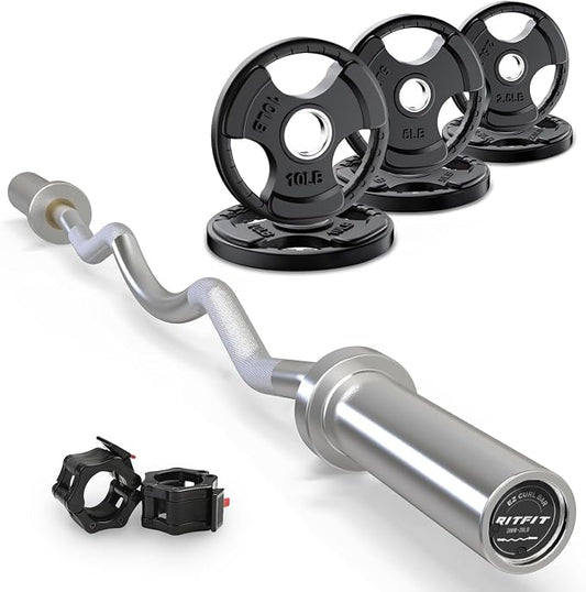 RitFit 2 Inch EZ Curl Bar Olympic Barbell with Weight Plates & Collar | 4FT EZ Curl Bar with 35LB Weight Plates, Collars for Bicep, Tricep Workout, Weightlifting, 350LBS Weight Capacity