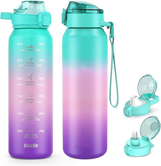SLUXKE 32oz Insulated Water Bottle with handle BPA Free, 316 Stainless Steel Water Bottles 1000ml with Time Marker Double Walled, 1000ml Metal Water Flask Jug for Hiking, Biking, Running