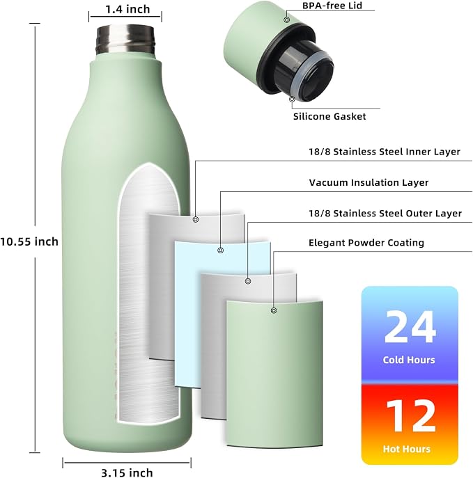 BJPKPK 25oz Insulated Water Bottle, Stainless Steel Bottle with Carry Strap | Keep Cold & Hot Vacuum Insulation, Leak-Proof BPA-Free Design, Slim Bottle Fits Most Cup Holders for Gym, Office & Travel