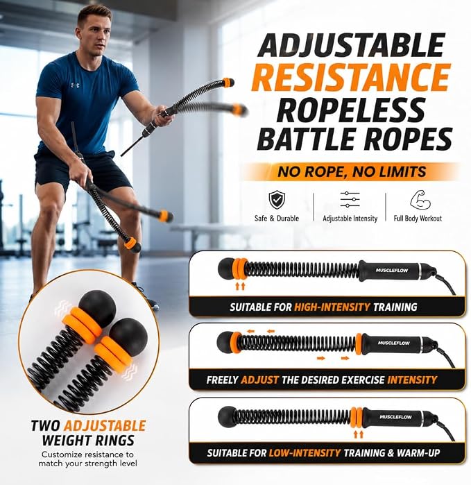 Ropeless Battle Ropes for Home Gym, Portable Cordless Battle Rope with Adjustable Resistance & Weighted Handles, HIIT Strength Training & Low-Impact Cardio Workout for Men & Women