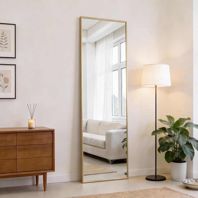 DUMOS 47"x14" Full Length Door Mirror, Full Body Mirror, Gold | Aluminum Alloy Thin Frame, Leaning or Hanging, Suitable for Bedroom, Livingroom, Cloakroom