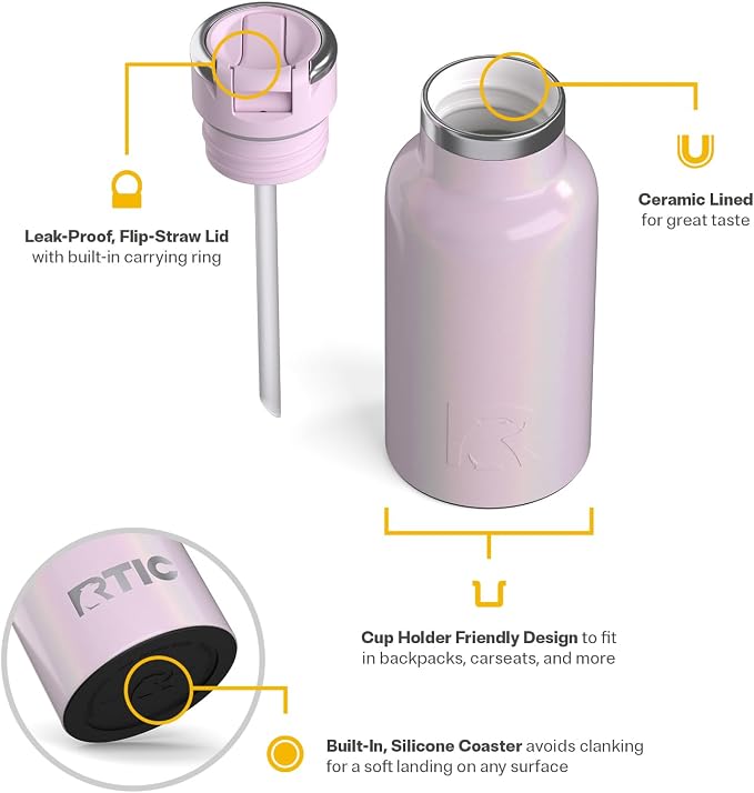 RTIC Little Journey Water Bottle with Straw, Ceramic-Lined, Insulated, Stainless Steel, Metal, Double Wall Vacuum-Insulation, Leak-Proof Lid, BPA-Free Water Flask for Sports, Travel, Pale Pink Glitter