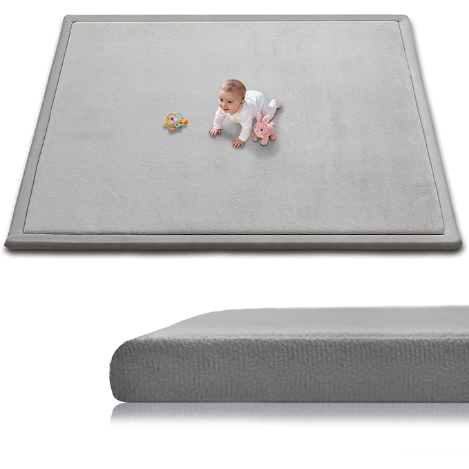 Baby Play Mat for Floor, 74'' x 50'' Thicken Foam Soft Padded Playmat for Tummy Time, Playpen Mat for Toddlers Infant Kids, Water-Repellent Coral Velvet, Non-Slip Bottom Safe for Crawling (Light Grey)