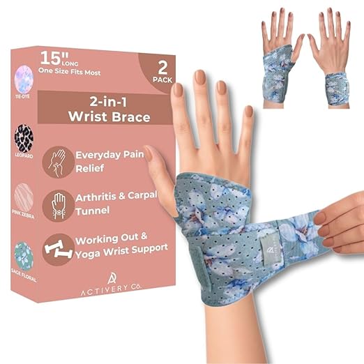 Carpal Tunnel Wrist Brace Left Hand, Right Hand for Women, Day or Night Compression Wrist Support Brace for Fitness, Keyboard Use, or Overnight Support, 2 Pack, Sage Green Floral Print