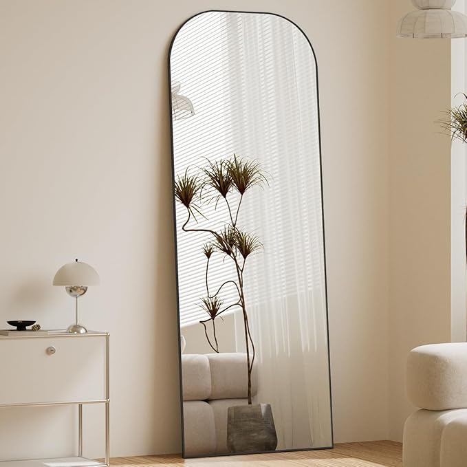 Koonmi Full Length Mirror, 56"x21" Mirror Full Length with Stand | Domed Top Square-Edged ShatterProof Floor Mirror with Black Aluminum Alloy Frame for Bedroom Living Room Home Gym