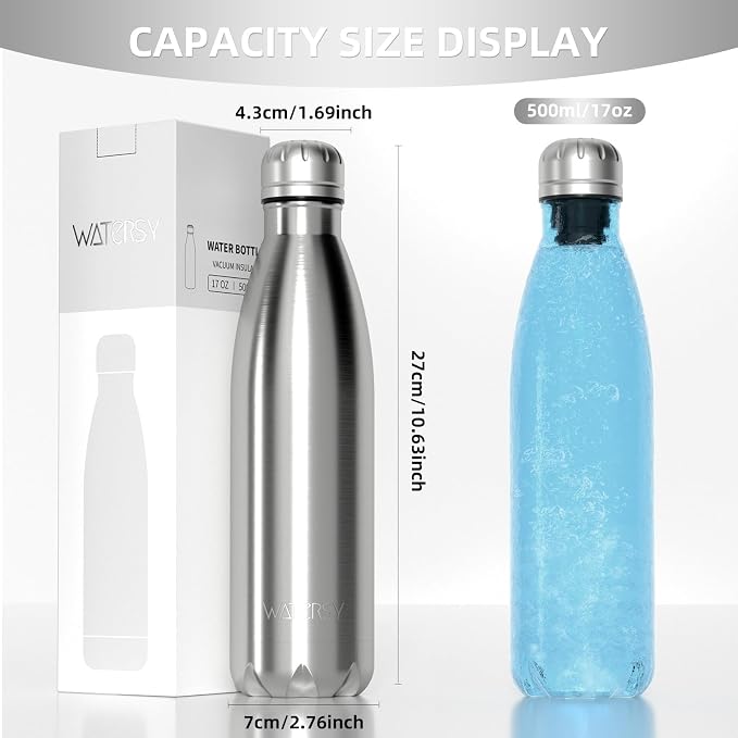 WATERSY Stainless Steel water bottles,17oz/500ml Insulated Water Bottle | Sliver metal water bottle Keeps Drink Cold and Hot,BPA Free kids water bottles for School,Gym,Travel,Sports