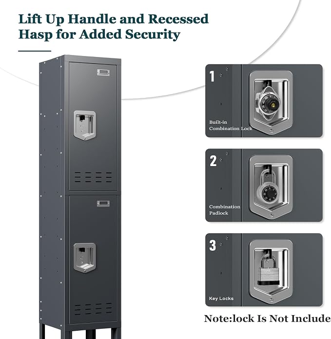 BUTISOW Metal Storage Locker with Lock & Card Slot Locker - Secure Lockable Door - Steel Locker for School, Office, Gym, Home - 66.15" H x 11.8" W x 11.8" D（2 Door, Grey）