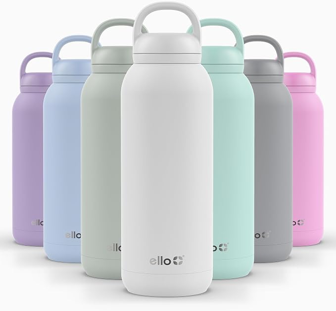 Ello Cooper Twist 40oz Insulated Stainless Steel Chug Water Bottle, White | Leakproof water bottle with chug lid and carry loop. BPA-free, keeps drinks cold 40 hours, great for gym, travel, and school.