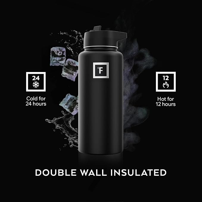 IRON °FLASK 32 oz Wide Mouth Water Bottle with 3 Lids | Insulated Stainless Steel Sports Water Bottle with 3 Leakproof Lids - BPA Free, Cold 24 Hrs, Sweat Free (Midnight Black)