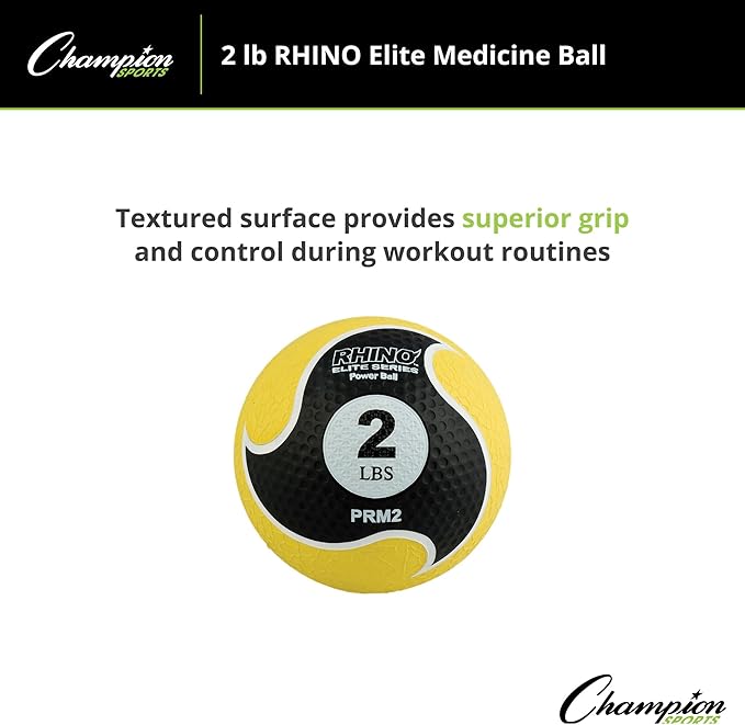 Champion Sports Rhino Elite Medicine Ball – Textured Surface, Superior Grip, Hollow Synthetic Rubber for Consistent Bounce & Durability, Multiple Weights & Colors - Optional Rebounder Sold Separately
