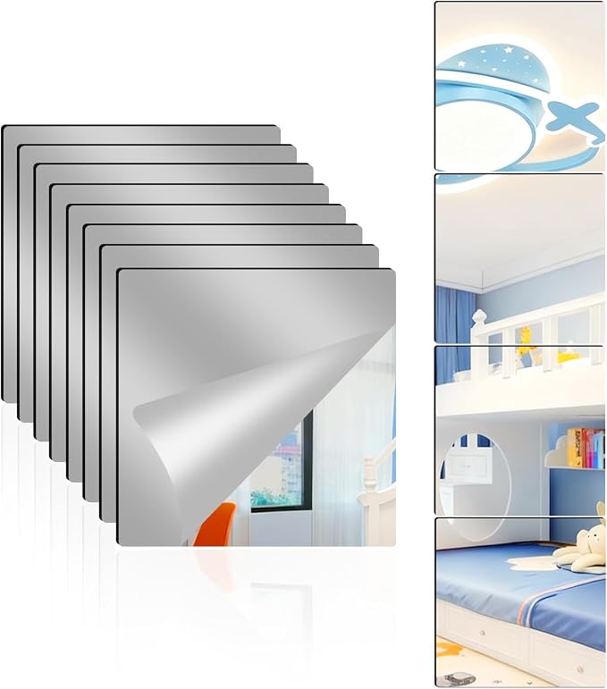 8 Pack Acrylic Mirrors for Wall,14 x 14 Inch Self Adhesive Frameless Small Mirror Tiles, Flexible Plastic Mirror Sheets for Bedroom Home Gym Door (14"X14"-8Pcs)